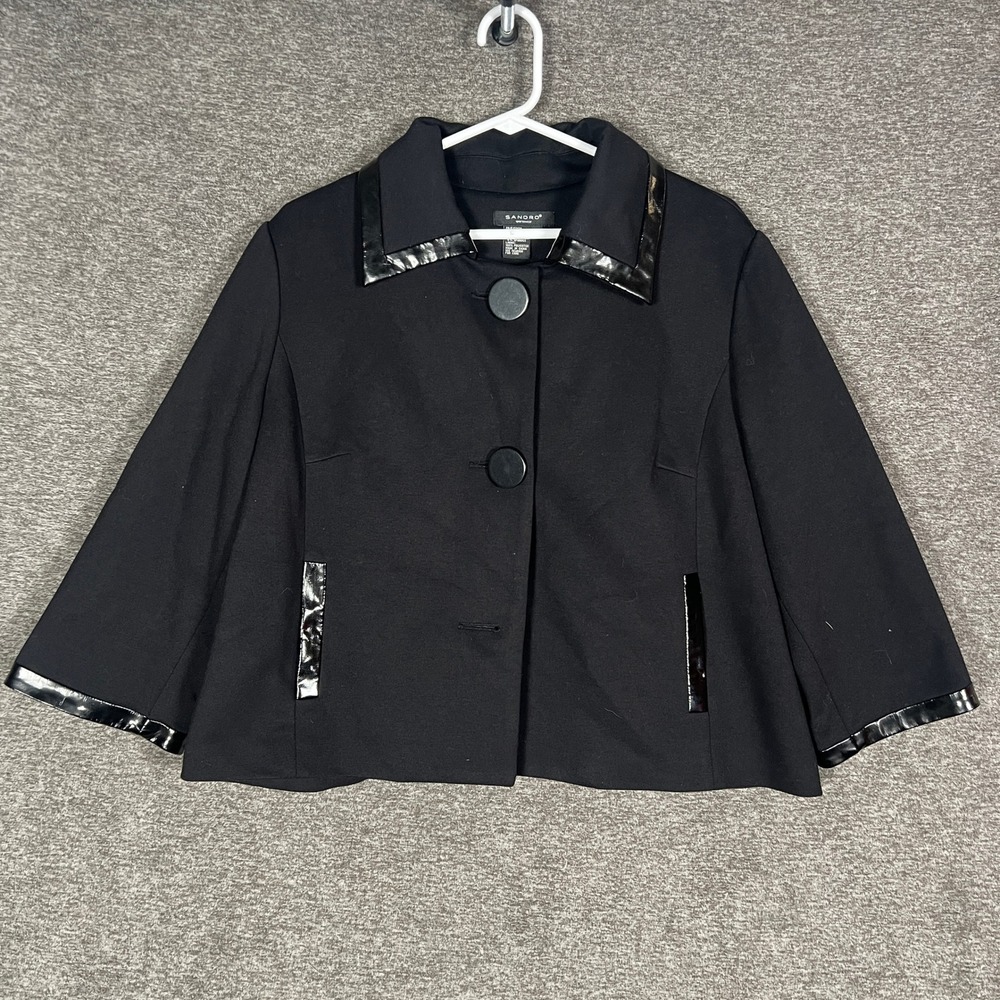 Sandro Sportswear Black Cropped Blazer Jacket with Patent Leather Trim XL